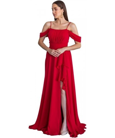 Cold Shoulder Bridesmaid Dresses 2024 for Wedding Long Chiffon Ruffle Formal Evening Dress with Slit Red $23.65 Dresses