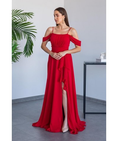 Cold Shoulder Bridesmaid Dresses 2024 for Wedding Long Chiffon Ruffle Formal Evening Dress with Slit Red $23.65 Dresses