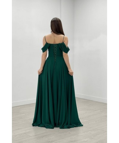 Cold Shoulder Bridesmaid Dresses 2024 for Wedding Long Chiffon Ruffle Formal Evening Dress with Slit Red $23.65 Dresses