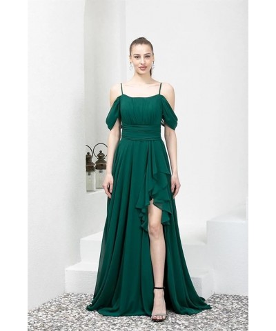 Cold Shoulder Bridesmaid Dresses 2024 for Wedding Long Chiffon Ruffle Formal Evening Dress with Slit Red $23.65 Dresses