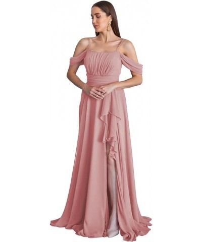 Cold Shoulder Bridesmaid Dresses 2024 for Wedding Long Chiffon Ruffle Formal Evening Dress with Slit Red $23.65 Dresses