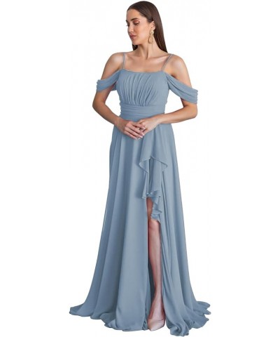 Cold Shoulder Bridesmaid Dresses 2024 for Wedding Long Chiffon Ruffle Formal Evening Dress with Slit Red $23.65 Dresses