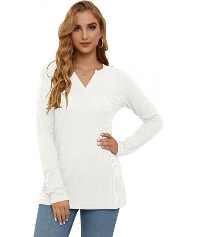 Women's Waffle Knit Long Sleeve Tunic Tops V Neck Henley Loose Blouses Shirts White $13.49 Tops