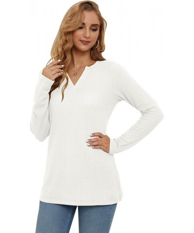 Women's Waffle Knit Long Sleeve Tunic Tops V Neck Henley Loose Blouses Shirts White $13.49 Tops