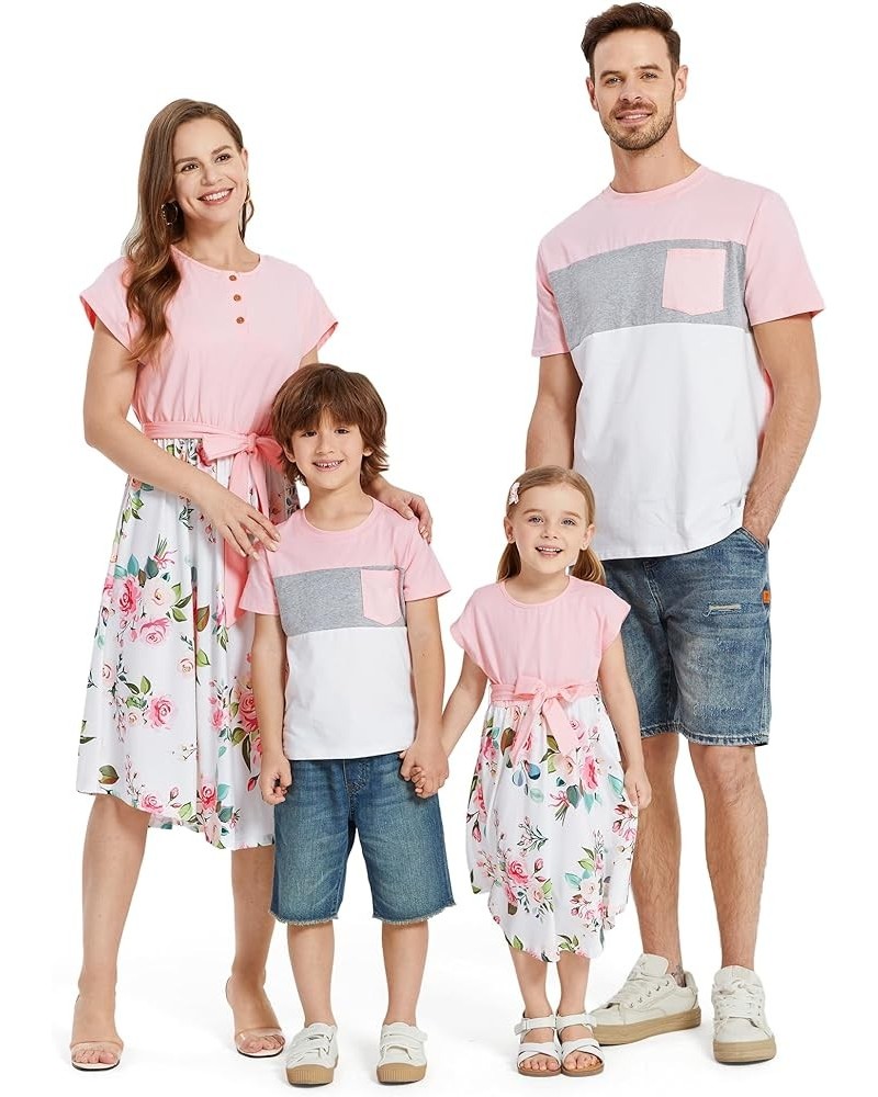 Family Matching Outfits Short Sleeve Belted Spliced Pattern Print Dresses and Casual T-Shirts Matching Sets Women Bubble Gum ...