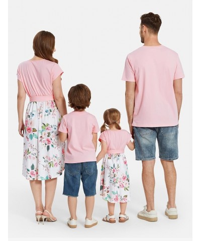 Family Matching Outfits Short Sleeve Belted Spliced Pattern Print Dresses and Casual T-Shirts Matching Sets Women Bubble Gum ...