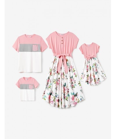 Family Matching Outfits Short Sleeve Belted Spliced Pattern Print Dresses and Casual T-Shirts Matching Sets Women Bubble Gum ...