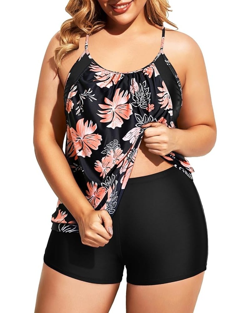 Women Plus Size Two Piece Tankini Set Swimsuits Tummy Control Bathing Suits Push Up Tankini Top with Boy Shorts Black Orange ...