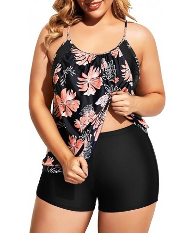 Women Plus Size Two Piece Tankini Set Swimsuits Tummy Control Bathing Suits Push Up Tankini Top with Boy Shorts Black Orange ...