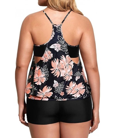 Women Plus Size Two Piece Tankini Set Swimsuits Tummy Control Bathing Suits Push Up Tankini Top with Boy Shorts Black Orange ...