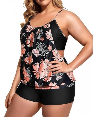 Women Plus Size Two Piece Tankini Set Swimsuits Tummy Control Bathing Suits Push Up Tankini Top with Boy Shorts Black Orange ...