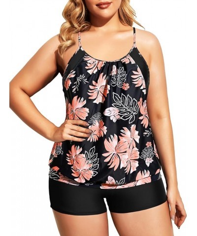 Women Plus Size Two Piece Tankini Set Swimsuits Tummy Control Bathing Suits Push Up Tankini Top with Boy Shorts Black Orange ...