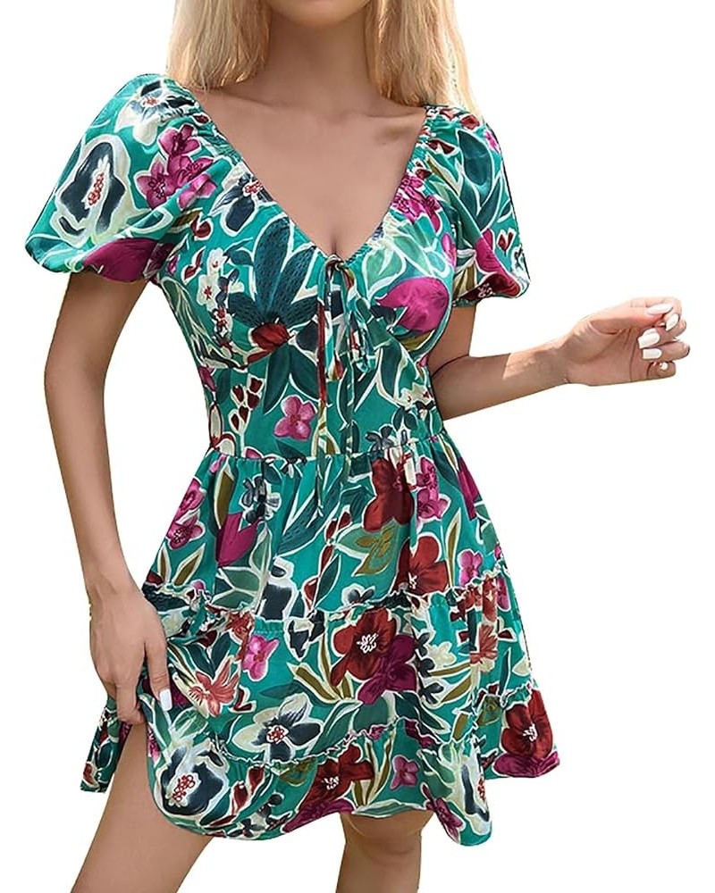 Beach Dresses for Women 2024 Vacation Short Batwing Sleeve V Neck Summer Trendy Dress Floral Ruffle Boho Mini Sundress A3-gre...