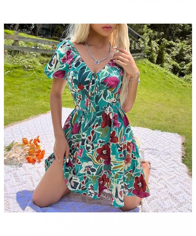 Beach Dresses for Women 2024 Vacation Short Batwing Sleeve V Neck Summer Trendy Dress Floral Ruffle Boho Mini Sundress A3-gre...