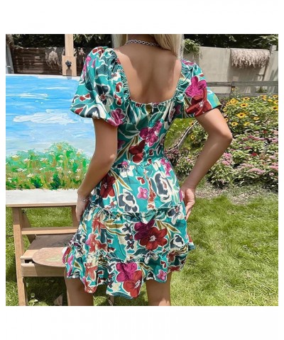 Beach Dresses for Women 2024 Vacation Short Batwing Sleeve V Neck Summer Trendy Dress Floral Ruffle Boho Mini Sundress A3-gre...