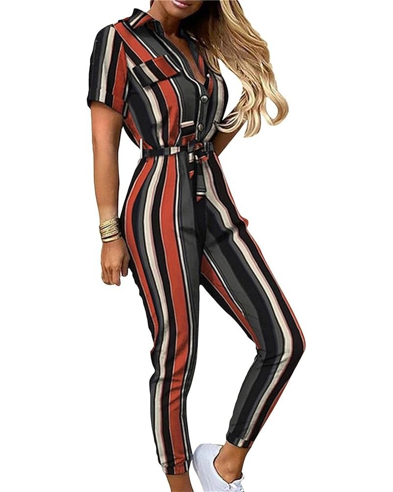 Fashion Ladies Jumpsuit Casual Short Sleeve Lapel Collar Button Down Pockets Rompers with Belt Stripe $14.50 Jumpsuits