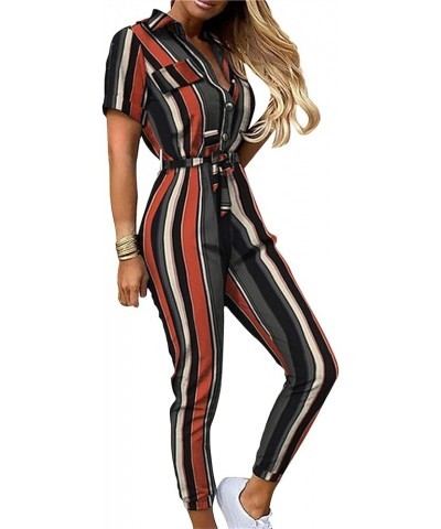 Fashion Ladies Jumpsuit Casual Short Sleeve Lapel Collar Button Down Pockets Rompers with Belt Stripe $14.50 Jumpsuits