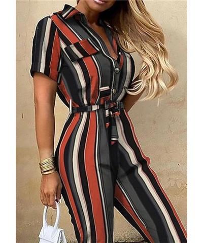 Fashion Ladies Jumpsuit Casual Short Sleeve Lapel Collar Button Down Pockets Rompers with Belt Stripe $14.50 Jumpsuits