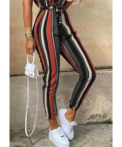 Fashion Ladies Jumpsuit Casual Short Sleeve Lapel Collar Button Down Pockets Rompers with Belt Stripe $14.50 Jumpsuits