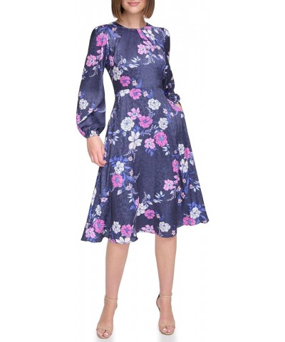 Women's Satin Jacquard Sleeve Boat Neck Long Dress Navy Multi $20.09 Dresses