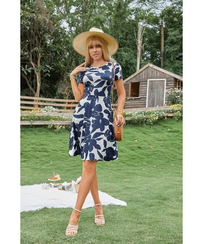 Summer Casual Women Short Sleeve Round Neck A Line Fit and Flare Knee Length Skater Sun Dress Navy Flower $13.99 Dresses