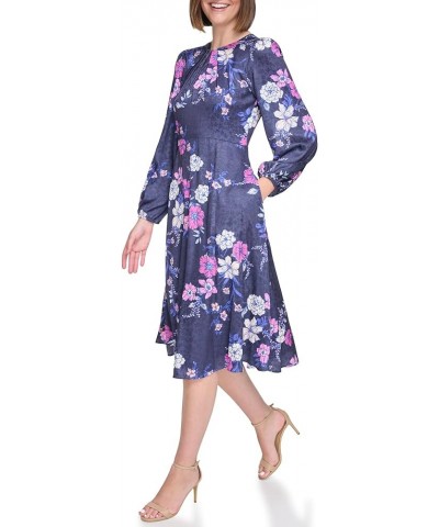 Women's Satin Jacquard Sleeve Boat Neck Long Dress Navy Multi $20.09 Dresses