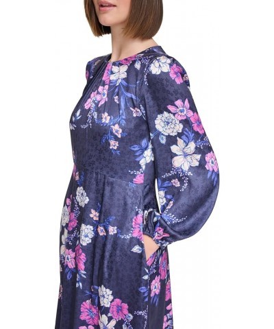 Women's Satin Jacquard Sleeve Boat Neck Long Dress Navy Multi $20.09 Dresses