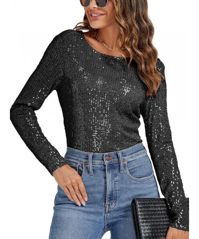 Women's Sequin Sparkle Glitter Back Draped Cowl Crew Neck Backless Long Sleeve Cocktail Party Bodysuit Black $24.47 Bodysuits