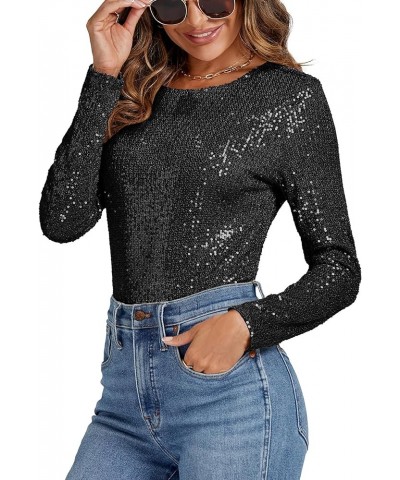 Women's Sequin Sparkle Glitter Back Draped Cowl Crew Neck Backless Long Sleeve Cocktail Party Bodysuit Black $24.47 Bodysuits