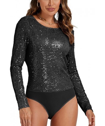 Women's Sequin Sparkle Glitter Back Draped Cowl Crew Neck Backless Long Sleeve Cocktail Party Bodysuit Black $24.47 Bodysuits