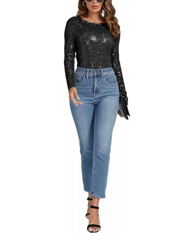 Women's Sequin Sparkle Glitter Back Draped Cowl Crew Neck Backless Long Sleeve Cocktail Party Bodysuit Black $24.47 Bodysuits