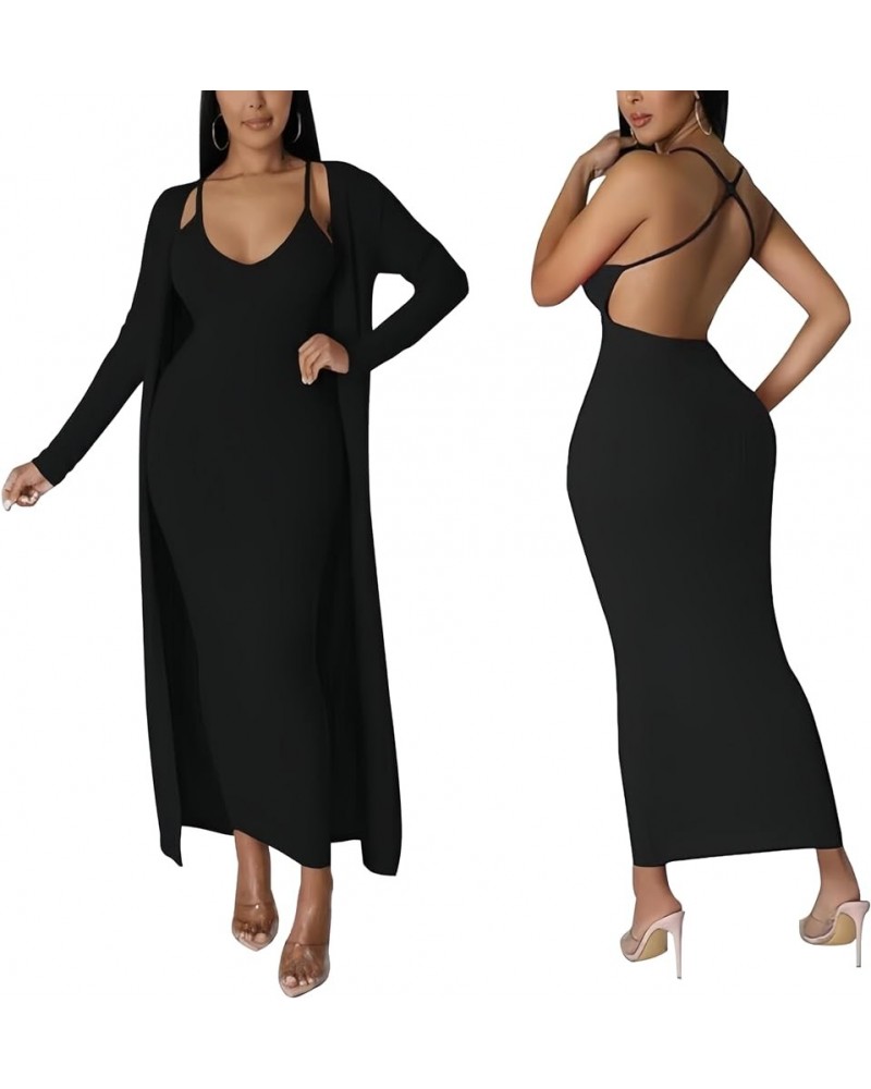 Bodycon Maxi Dress Set for Women 2 Piece Cardigan Set Chic Sexy Sleeveless Curvy Dress Stretch Ribbed Lightweight 51 Black $2...