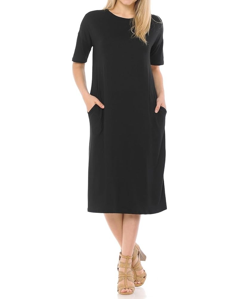 Women's Midi Dress with Half-Sleeve and Pockets Black $11.19 Dresses