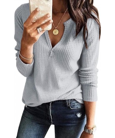 Women's V Neck Waffle Knit Henley Tops Casual Long Sleeve Pullover Sweater Blouses Grey $16.51 Sweaters