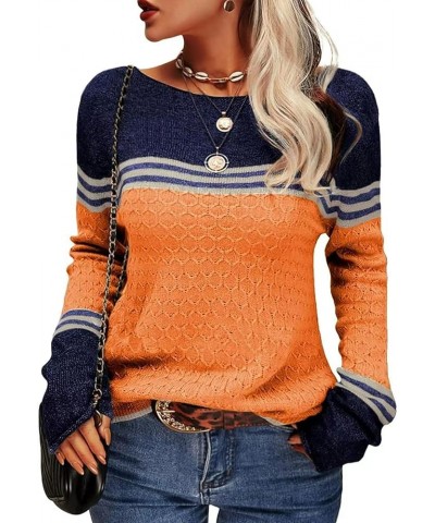 Women Winter Fall Color Block Long Sleeve Knitting Sweater Casual Boat Neck Knitted Sweaters Pullover Orange-t $15.54 Sweaters