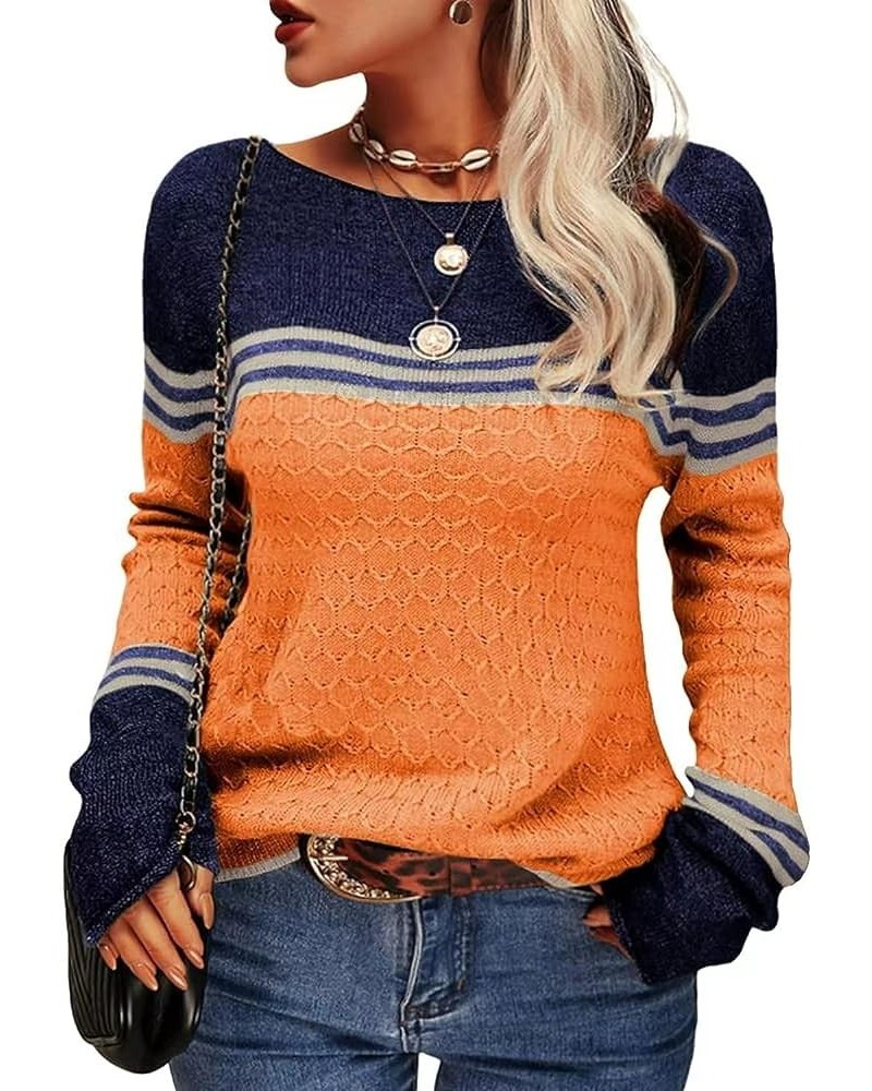 Women Winter Fall Color Block Long Sleeve Knitting Sweater Casual Boat Neck Knitted Sweaters Pullover Orange-t $15.54 Sweaters