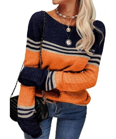 Women Winter Fall Color Block Long Sleeve Knitting Sweater Casual Boat Neck Knitted Sweaters Pullover Orange-t $15.54 Sweaters