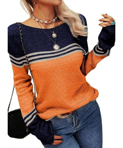 Women Winter Fall Color Block Long Sleeve Knitting Sweater Casual Boat Neck Knitted Sweaters Pullover Orange-t $15.54 Sweaters