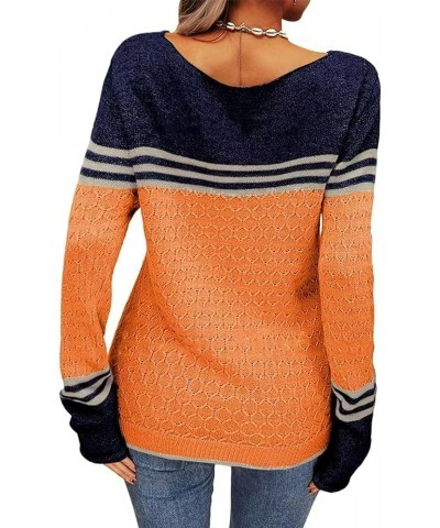 Women Winter Fall Color Block Long Sleeve Knitting Sweater Casual Boat Neck Knitted Sweaters Pullover Orange-t $15.54 Sweaters