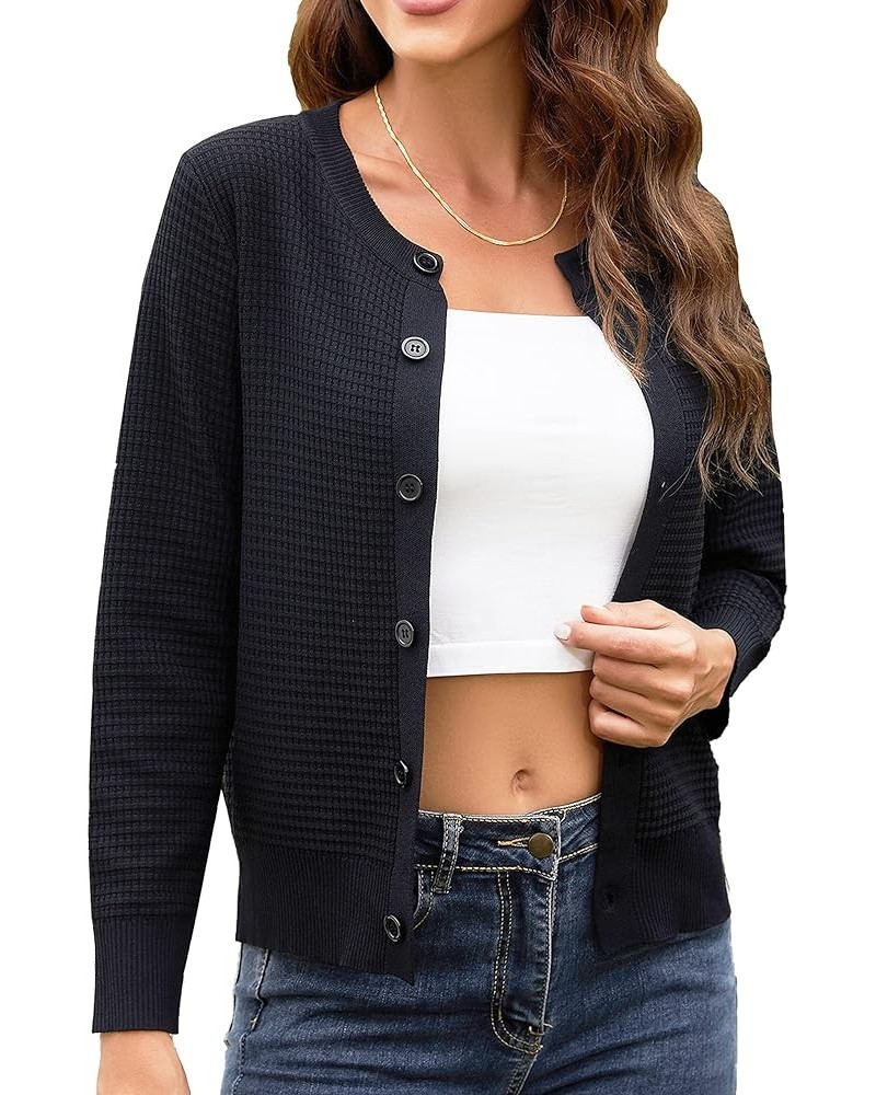 Women's Crew Neck Button Down Long Sleeve Solid Knit Classic Cardigan Sweater Black $18.69 Sweaters