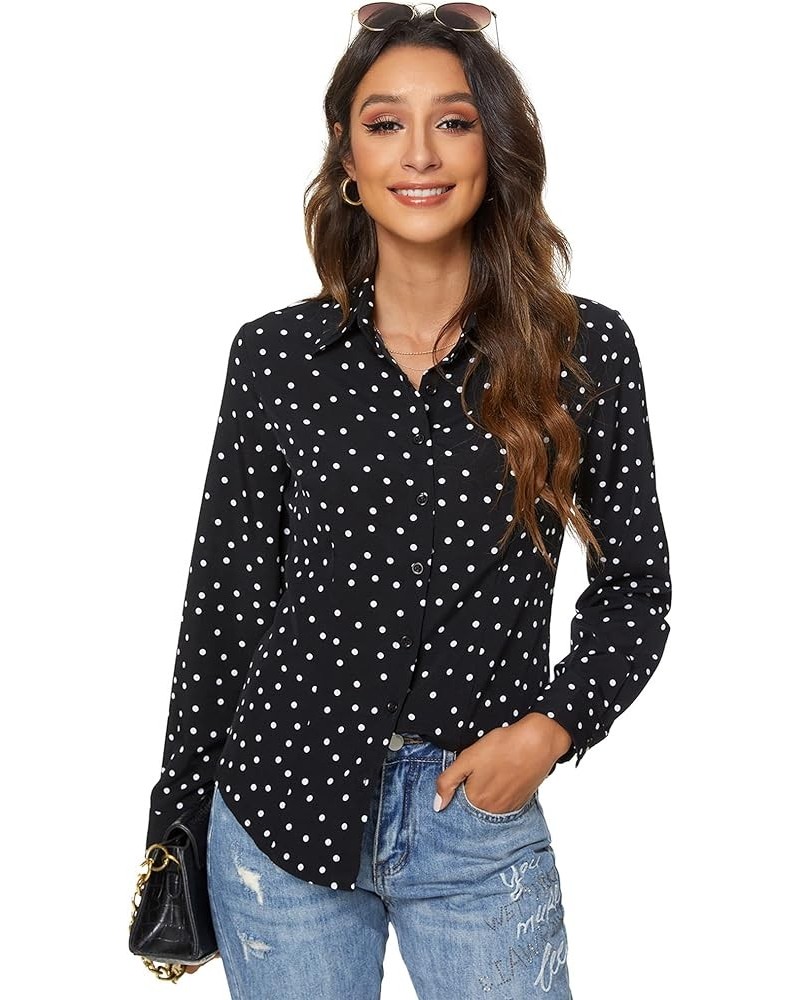 Womens Long Sleeve Button Down Shirts Classic Work Blouse Stretch Formal Casual Dress Shirt Black Wave Point $16.23 Blouses