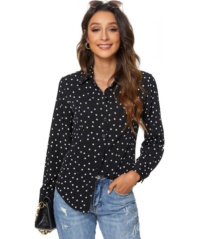 Womens Long Sleeve Button Down Shirts Classic Work Blouse Stretch Formal Casual Dress Shirt Black Wave Point $16.23 Blouses