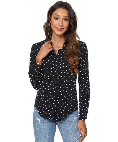 Womens Long Sleeve Button Down Shirts Classic Work Blouse Stretch Formal Casual Dress Shirt Black Wave Point $16.23 Blouses