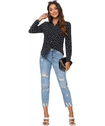 Womens Long Sleeve Button Down Shirts Classic Work Blouse Stretch Formal Casual Dress Shirt Black Wave Point $16.23 Blouses