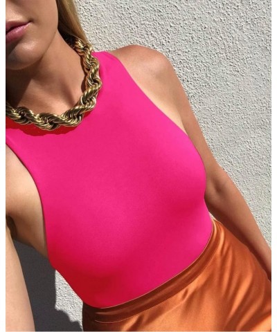 Women’s Sexy Sleeveless Racer Back Halter Neck Bodysuit Tank Tops Neon Rose Red $15.29 Bodysuits