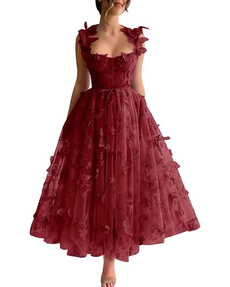 3D Butterfly Tulle Prom Dresses Tea Length Lace Applique Embroidery Formal Evening Party Gown with Pocket Burgunty $30.55 Dre...