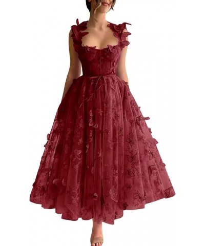 3D Butterfly Tulle Prom Dresses Tea Length Lace Applique Embroidery Formal Evening Party Gown with Pocket Burgunty $30.55 Dre...