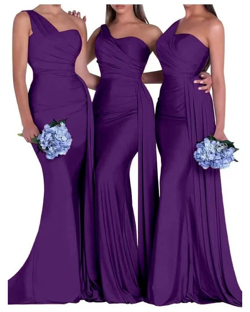 One Shoulder Bridesmaid Dresses for Women Long Mermaid Formal Dress Bodycon Satin Evening Prom Gown with Train Dark Purple $2...