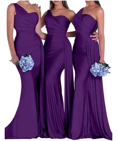 One Shoulder Bridesmaid Dresses for Women Long Mermaid Formal Dress Bodycon Satin Evening Prom Gown with Train Dark Purple $2...