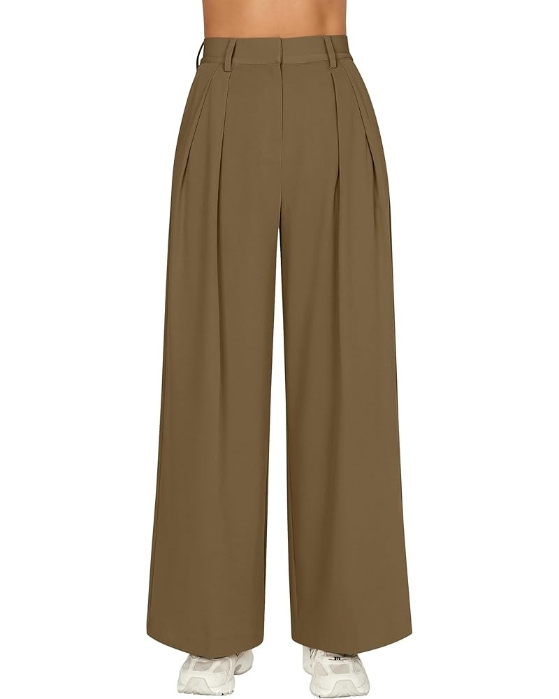 Women's Loose Fit High Elastic Waisted Wide Leg Straight Long Trousers Suit Pants Camel $20.71 Pants